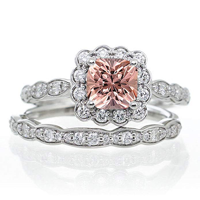 2 Carat Princess Cut Morganite and Diamond Wedding Ring set on 10k White Gold