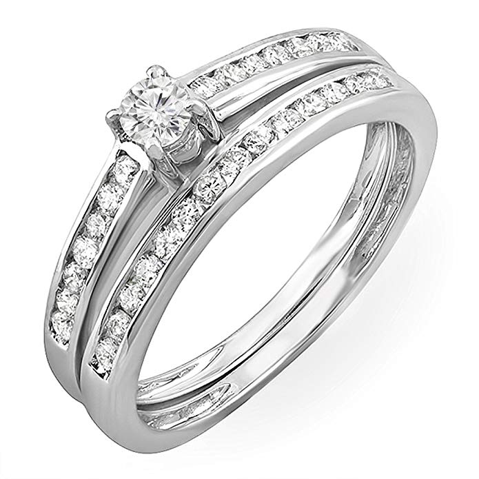 0.55 Carat (ctw) 10k White Gold Round Diamond Ladies Bridal Ring Engagement Wedding Band Set 1/2 CT