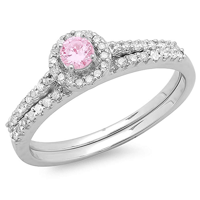 Dazzlingrock Collection 14K Gold Round Pink Sapphire And White Diamond Ladies Bridal Engagement Halo Ring Set