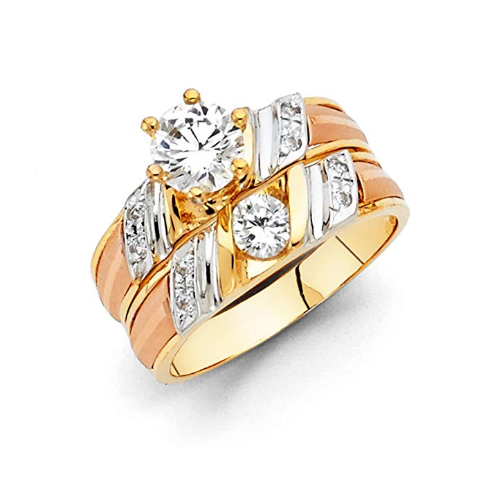 TWJC 14k Tri Color Gold SOLID Engagement Ring and Wedding Band 2 Piece Set