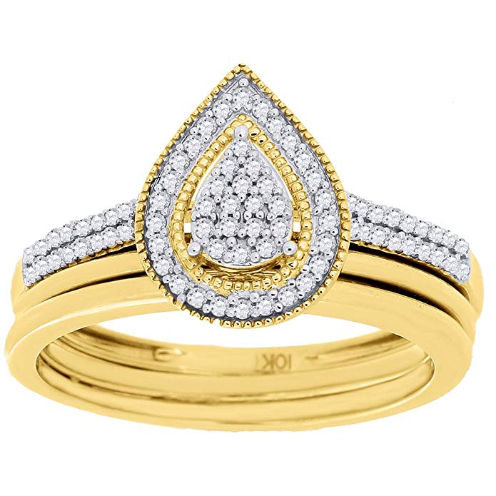 10K Yellow Gold Round Cut Diamond Pear Shaped Engagement 3 Piece Bridal Set .20 Cttw