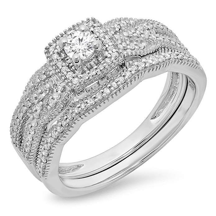 Dazzlingrock Collection 0.45 Carat (ctw) 10K Gold Round Cut Diamond Ladies Bridal Halo Engagement Ring Matching Band Set 1/2 CT