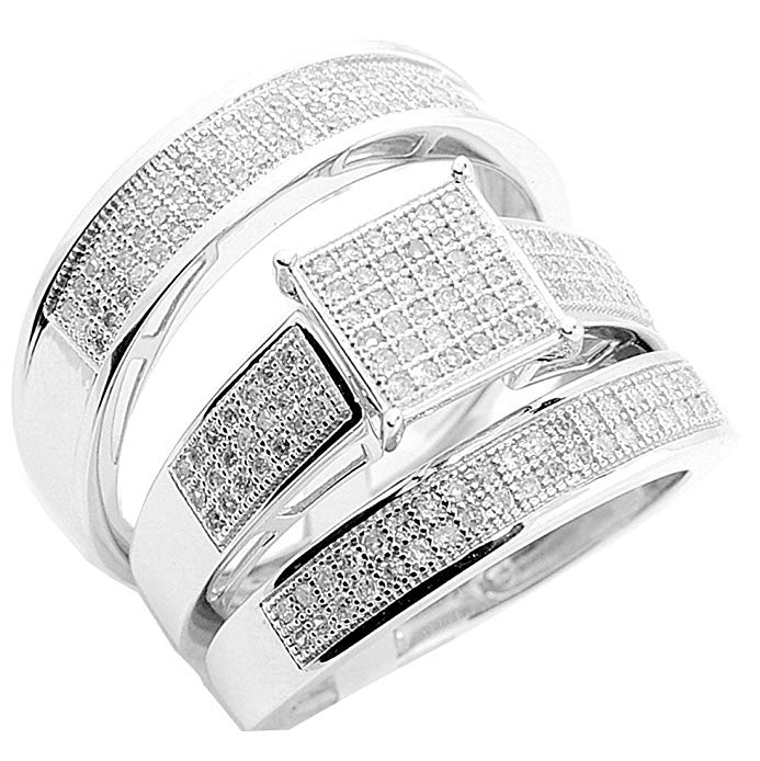 Trio Wedding Set 3 piece White gold 10K 0.60ctw Mens and 2 womens ring
