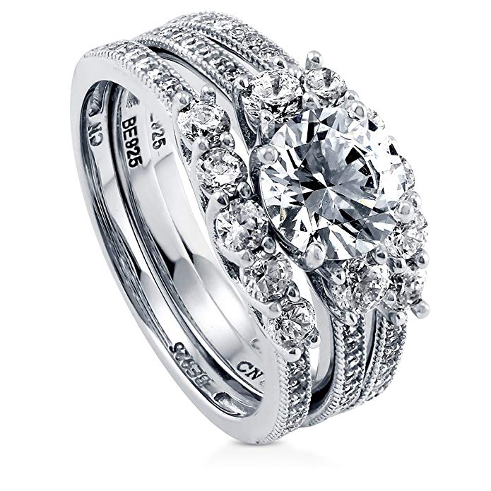 BERRICLE Rhodium Plated Sterling Silver Cubic Zirconia CZ 3-Stone 5-Stone Engagement Ring Set