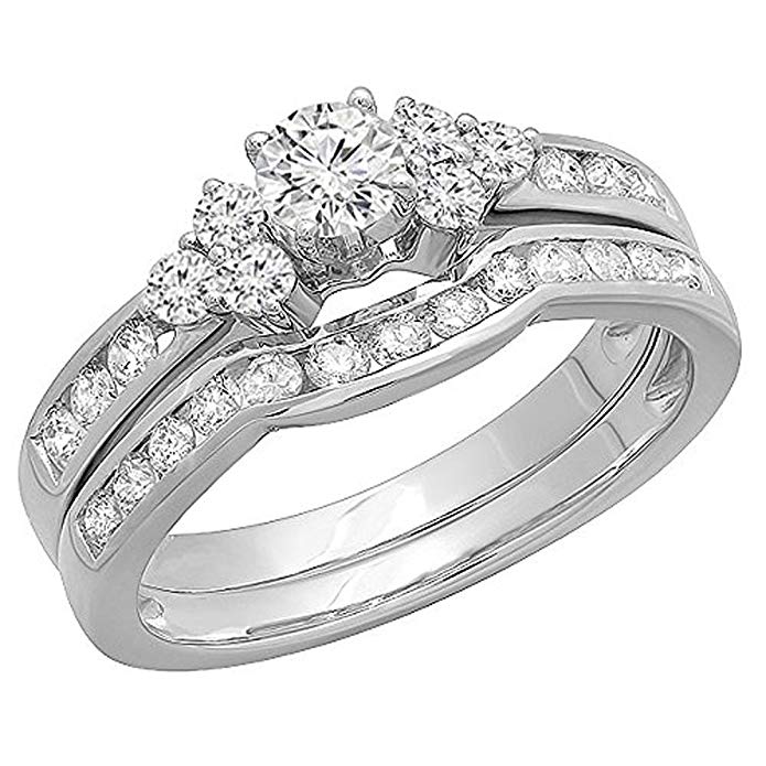1.10 Carat (ctw) 14K White Gold Round White Diamond Engagement Bridal Ring Set 1 CT