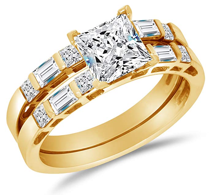 Solid 14k Yellow Gold Highest Quality CZ Cubic Zirconia Invisible Set Bridal Engagement Ring w/Matching Wedding Band Two Ring Set - Princess Cut Solitaire with Baguette Side Stones (2.0cttw., 1.0ct. Center)