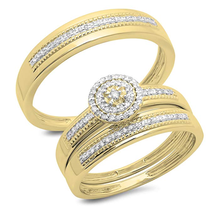 Dazzlingrock Collection 0.27 Carat (ctw) 14K Gold Round Diamond Men & Women's Cluster Engagement Ring Trio Set 1/4 CT