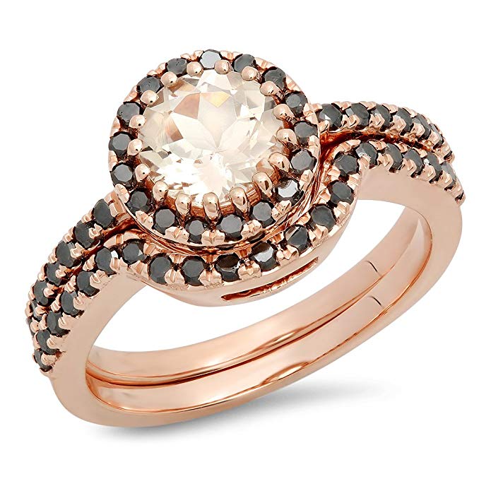 14K Rose Gold Round Morganite & Black Diamond Ladies Bridal Halo Style Engagement Ring Set