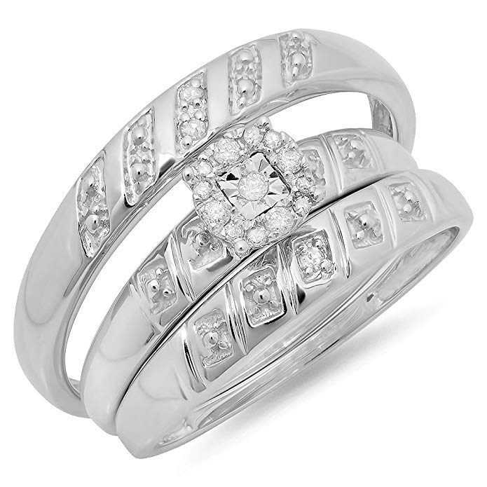 Dazzlingrock Collection 0.10 Carat (ctw) Sterling Silver Round Diamond Men's & Women's Fashion Engagement Ring Trio Set 1/10 CT