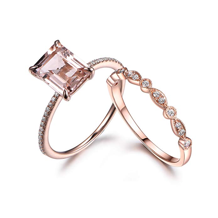 Emerald Cut Morganite Wedding Ring Set,Diamond Engagement Ring,14k Rose gold Art Deco Matching Band