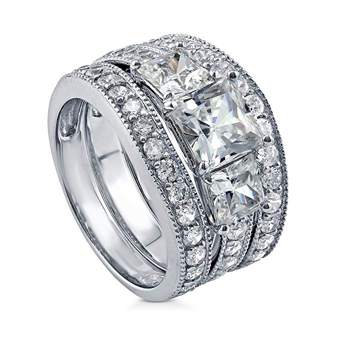BERRICLE Rhodium Plated Sterling Silver Princess Cut Cubic Zirconia CZ 3-Stone Engagement Ring Set