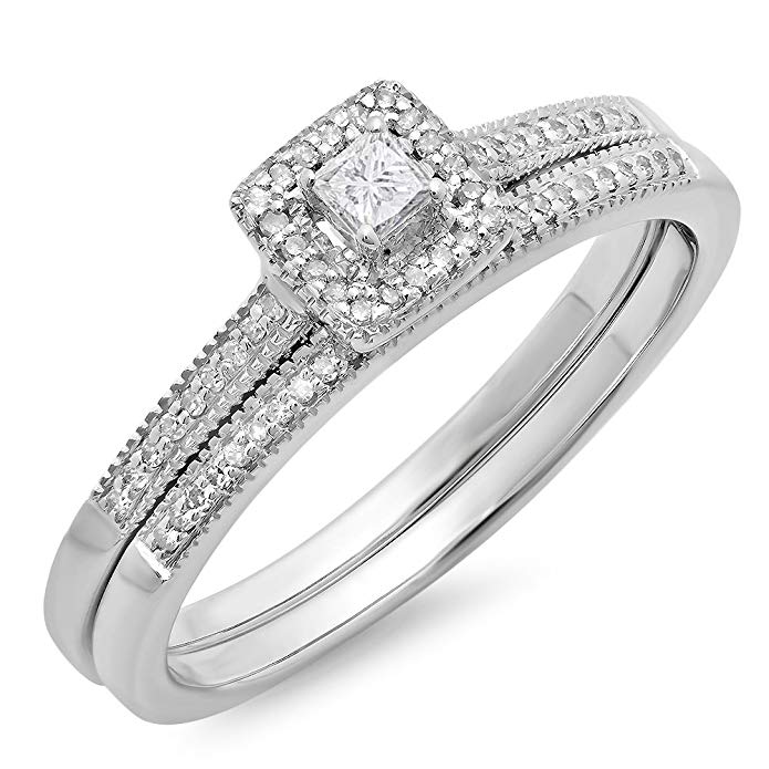 0.25 Carat (ctw) 10K Gold Princess & Round Diamond Ladies Bridal Halo Engagement Ring Band Set 1/4 CT