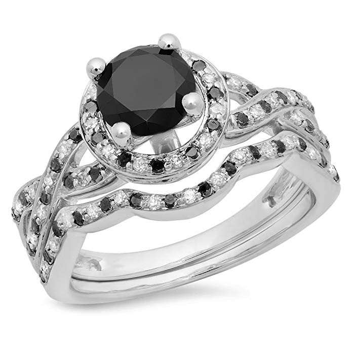 Dazzlingrock Collection 1.60 Carat (ctw) 14K Gold Round Black & White Diamond Ladies Halo Style Bridal Engagement Ring Band Set