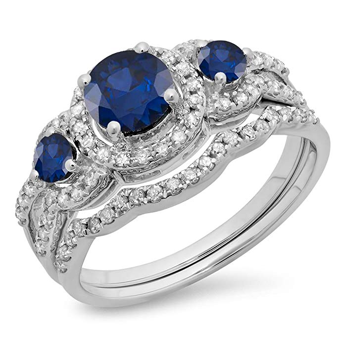 Dazzlingrock Collection 14K Gold Blue Sapphire & White Diamond Ladies 3 Stone Halo Bridal Engagement Ring with Matching Band Set