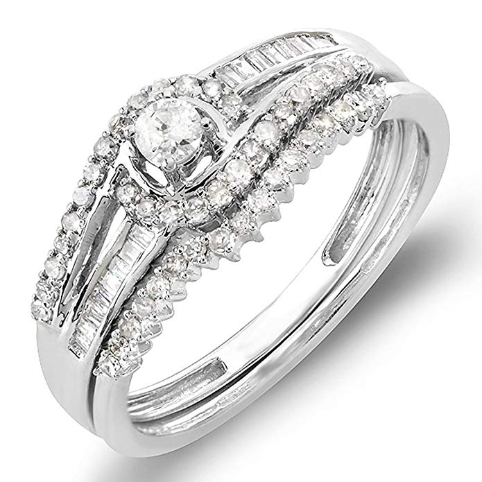 0.50 Carat (ctw) 10k White Gold Round & Baguette Diamond Ladies Swirl Halo Style Bridal Ring Set 1/2 CT