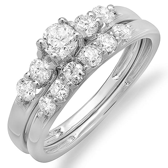 1.00 Carat (ctw) 14k White Gold Round Diamond Ladies Bridal 5 Stone Ring Engagement Wedding Set 1 CT