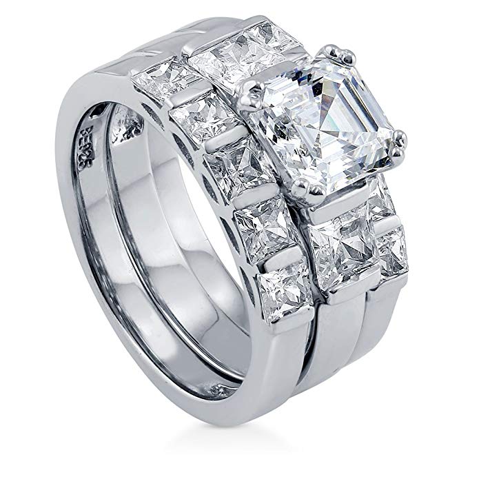 BERRICLE Rhodium Plated Sterling Silver Cubic Zirconia CZ 3-Stone 5-Stone Engagement Ring Set
