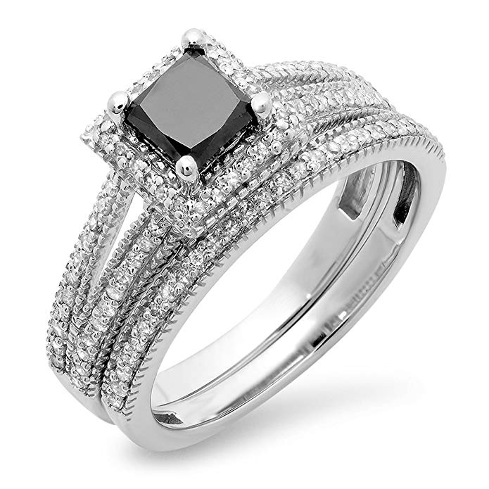 Dazzlingrock Collection 1.35 Carat (ctw) 14K Gold Princess Cut Black & Round White Diamond Split Shank Halo Engagement Ring Set