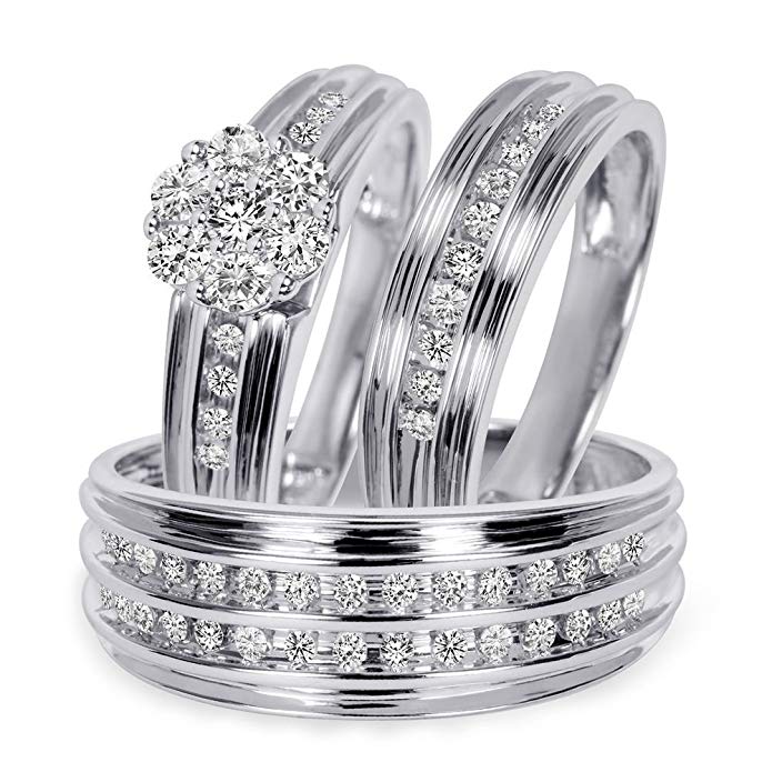 3djewels 1 CT RD Sim Diamond Trio Matching Wedding Ring Set 14K White Gold Fn 925 Silver