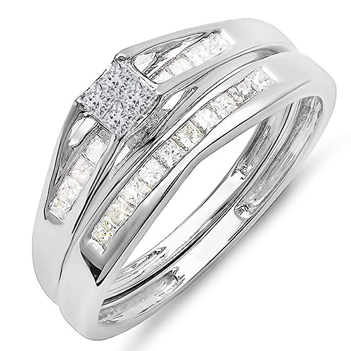 0.50 Carat (ctw) 14k White Gold Princess Diamond Ladies Bridal Ring Engagement Matching Band Set 1/2 CT