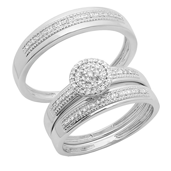 Dazzlingrock Collection 0.27 Carat (ctw) 14K White Gold Round Diamond Men & Women's Engagement Ring Trio Bridal Set 1/4 CT