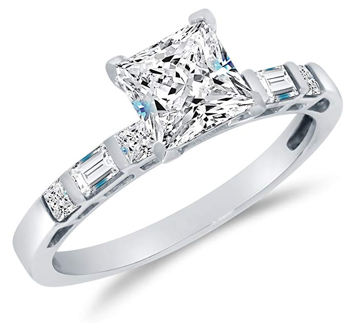 Solid 14k White Gold Highest Quality CZ Cubic Zirconia Bridal Engagement Ring w/Matching Wedding Band Two Ring Set - Princess Cut Solitaire with Baguette Side Stones (1.75cttw., 1.0ct. Center)