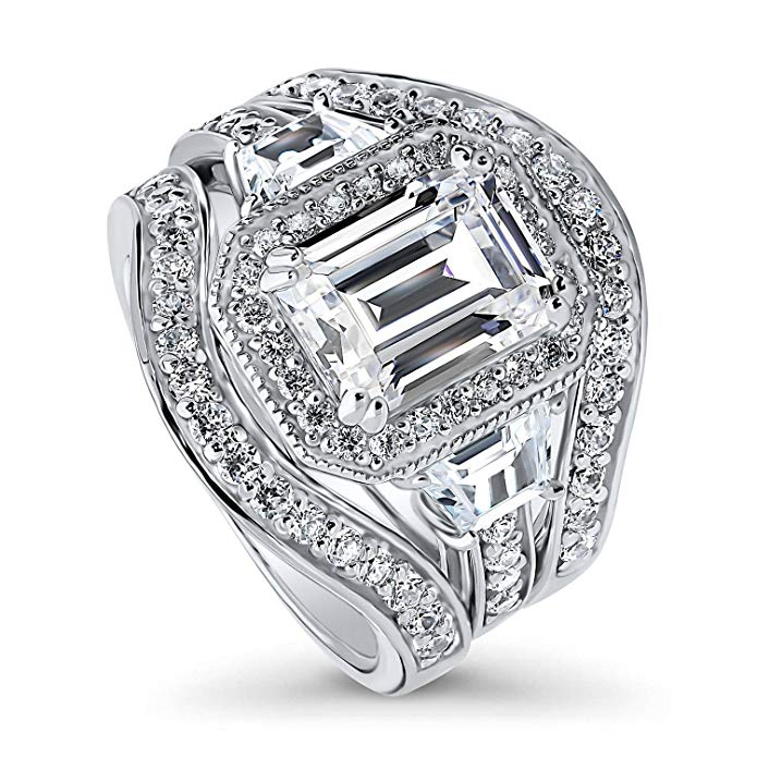 BERRICLE Rhodium Plated Sterling Silver Emerald Cut Cubic Zirconia CZ Halo Engagement Ring Set