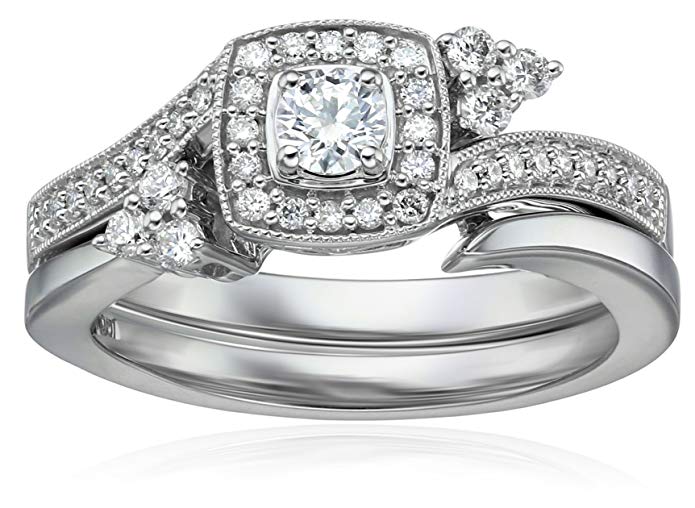 IGI Certified 14k White Gold Diamond Cushion Halo with Millgrain Wedding Ring Set (1/2cttw, H-I Color, I1-I2 Clarity)