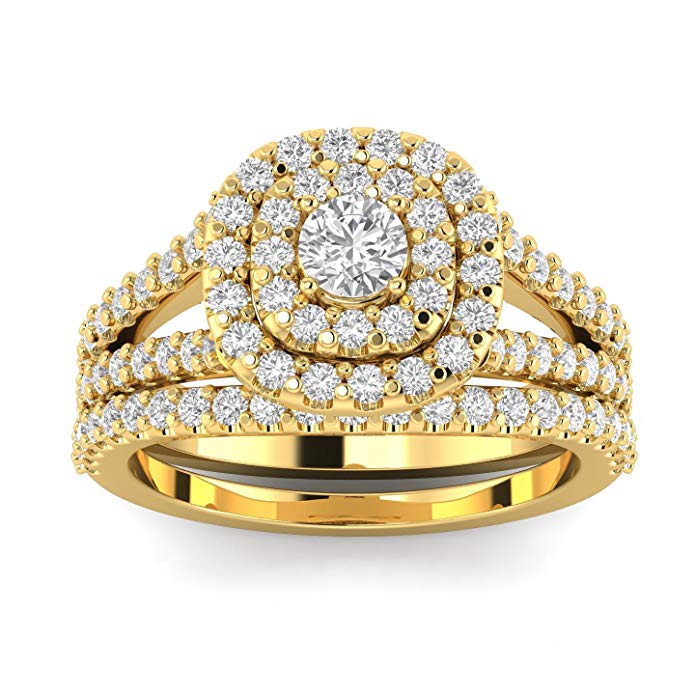 1 1/10ct Cushion Halo Diamond Engagement Wedding Ring Set 10K yellow gold