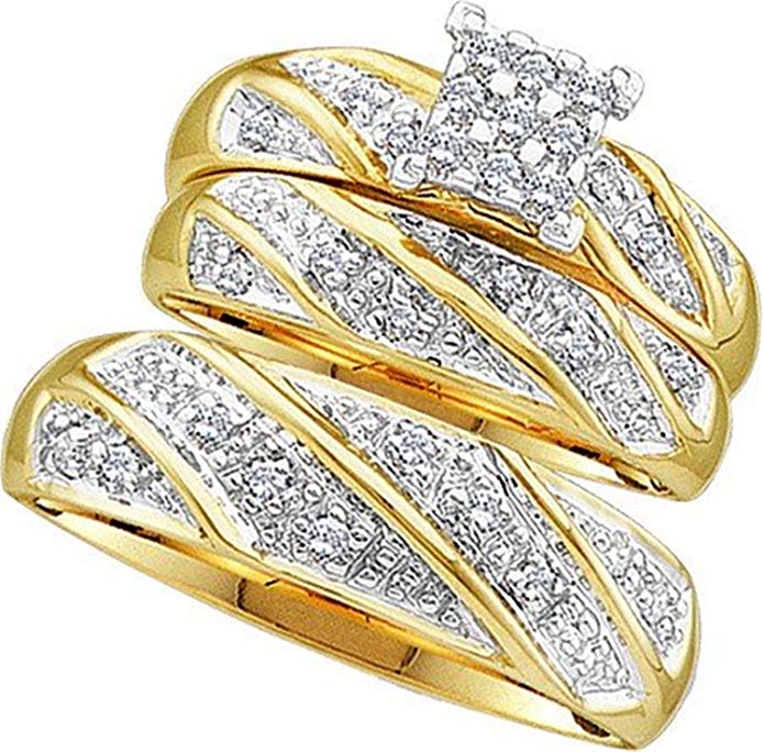 His and Her Trio Wedding set 0.30ctw diamond cluster trio set real Diamond Yellow-gold 10K Bride grooms (i2/i3, i/j)