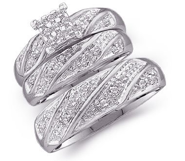 14k White Gold Mens and Ladies Couple His & Hers Trio 3 Three Ring Bridal Matching Engagement Wedding Ring Band Set - Round Diamonds - Princess Shape Center Setting (1/4 cttw) - Please use drop down menu to select your desired ring sizes