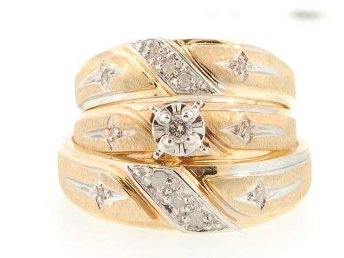 14K Yellow Gold .15ct Round White Diamond Trio Bridal Ring Set
