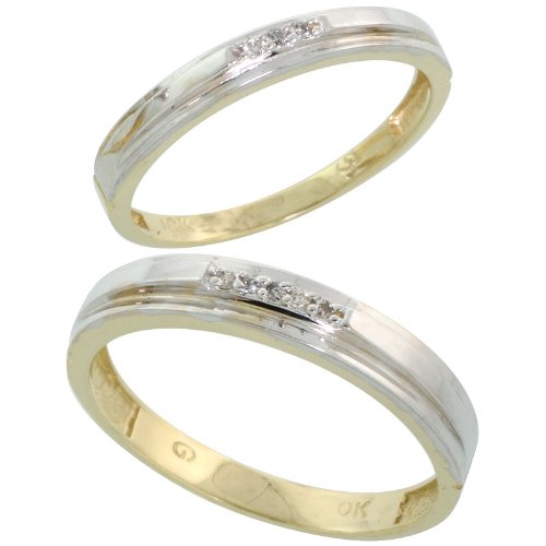 10k Yellow Gold Diamond Wedding Rings Set for him 4 mm and her 3 mm 2-Piece 0.05 cttw Brilliant Cut, ladies sizes 5 – 10, mens sizes 8 - 14