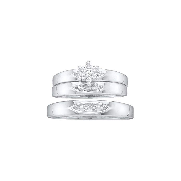 10k White Gold Trio His & Hers Round Diamond Cluster Matching Bridal Wedding Ring Band Set 1/12 Cttw