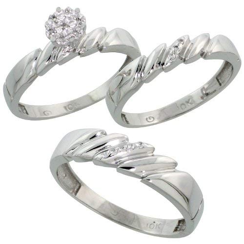 10k White Gold Diamond Trio Engagement Wedding Ring Set for Him and Her 3-piece 5 mm & 4 mm wide 0.10 cttw Brilliant Cut, ladies sizes 5 – 10, mens sizes 8 - 14