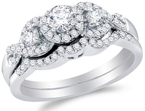 Sonia Jewels 10K White Gold Round Diamond Halo Circle Bridal Engagement Ring & Matching Wedding Band Two Piece Set - Prong Set Three Stone Center Setting Shape - Curved Notched Band (2/3 cttw.)