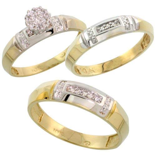 10k Yellow Gold Diamond Trio Engagement Wedding Ring Set for Him and Her 3-piece 4.5 mm & 4 mm wide 0.10 cttw Brilliant Cut, ladies sizes 5 – 10, mens sizes 8 - 14