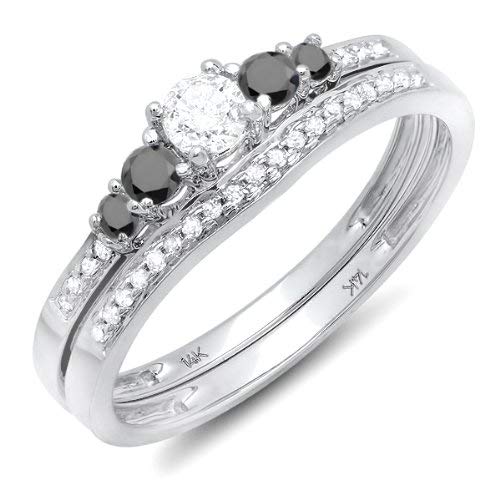 0.45 Carat (ctw) 14k White Gold Round Black & White Diamond 5 Stone Bridal Engagement Ring Set 1/2 CT
