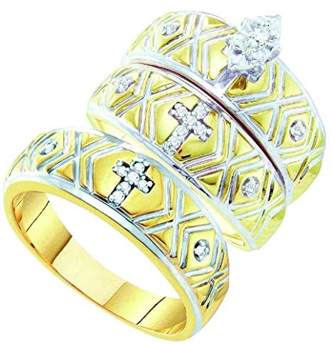 10K Yellow Gold .14ct Marquise Diamond Cross Engagement Ring Wedding Bridal Trio Set