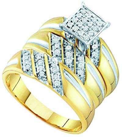 10K Yellow and White Gold .29CT Round Cut Diamond Wedding Engagement Bridal Trio Ring Set