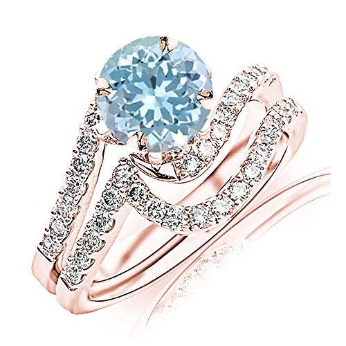 1.27 Carat t.w 14K White Gold Curving Pave & Prong-set Round Diamond Engagement Ring and Wedding Band Set w/ a 1 Carat Round Cut Blue Aquamarine Heirloom Quality