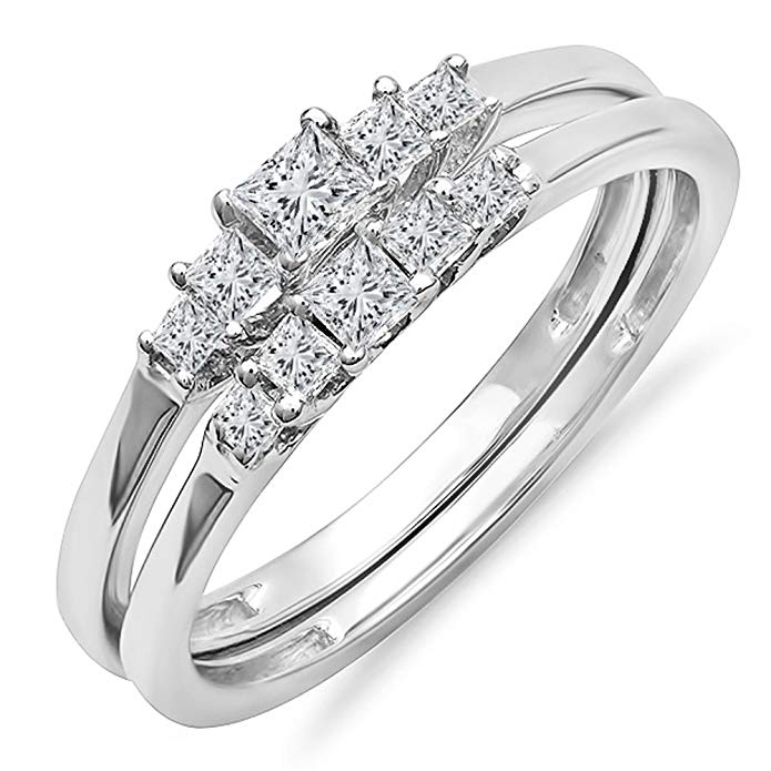0.55 Carat (ctw) 14k White Gold Princess Diamond Ladies 5 Stone Bridal Ring Engagement Set 1/2 CT