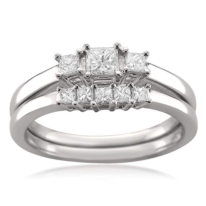 14k White Gold Princess-cut Diamond Three-Stone Engagement Bridal Set Wedding Ring (1/2 cttw, I-J, I1-I2)