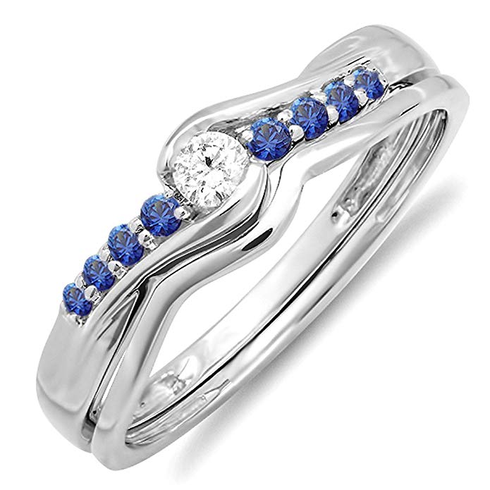 10K White Gold Round Blue Sapphire And White Diamond Ladies Bridal Promise Engagement Wedding Band Set