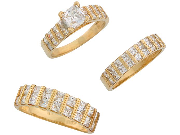 10k Yellow Gold White CZ Brilliant His and Hers Wedding Ring Trio Set