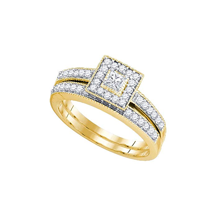 10K Yellow Gold Round Cut Diamond Bridal Engagement Ring and Matching Wedding Band Two 2 Ring Set - Halo Prong Set Center with Channel Set Side Stones - Classic Traditional Solitaire Shape Center Setting - (.55 cttw.)