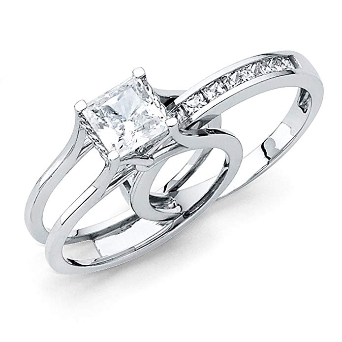 Solid 14k White Gold 2 Ct. Bridal Set Princess Cut Solitaire Engagement Ring with Wedding Band