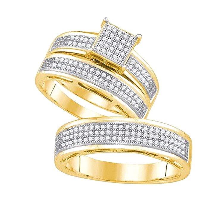Dazzlingrock Collection 0.74 Carat (ctw) 10K Yellow Gold Diamond Men's & Women's Micro Pave Engagement Trio Bridal Set 3/4 CT
