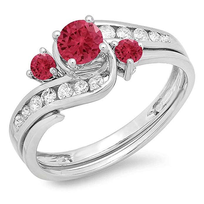 18K White Gold Round Ruby And White Diamond Ladies Swirl Bridal Engagement Ring Matching Band Set