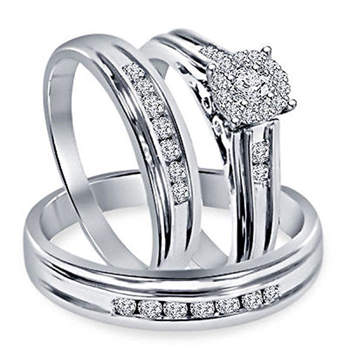 Silvernshine Jewels 1.30 Ct Diamond 18k Solid White Gold Fn .925 Engagement Ring Wedding Trio Set